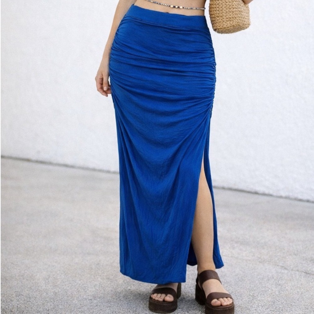 FP2‎ Ella Moss Rouched Knit Maxi Skirt New NWT Small Boho Blue Slits Women's